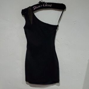 Bebe Sexy Bandage Dress in Black with One Shoulder Bling and Chains Size XXS